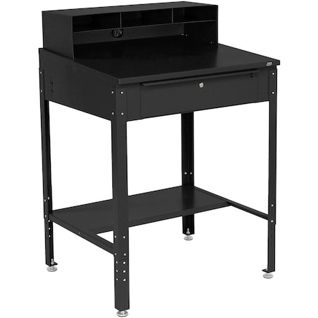 Global Industrial Sloped Surface Shop Desk with Pigeonhole Compartment Riser, 34-1/2W x 30D x 38H, Black 254635BK